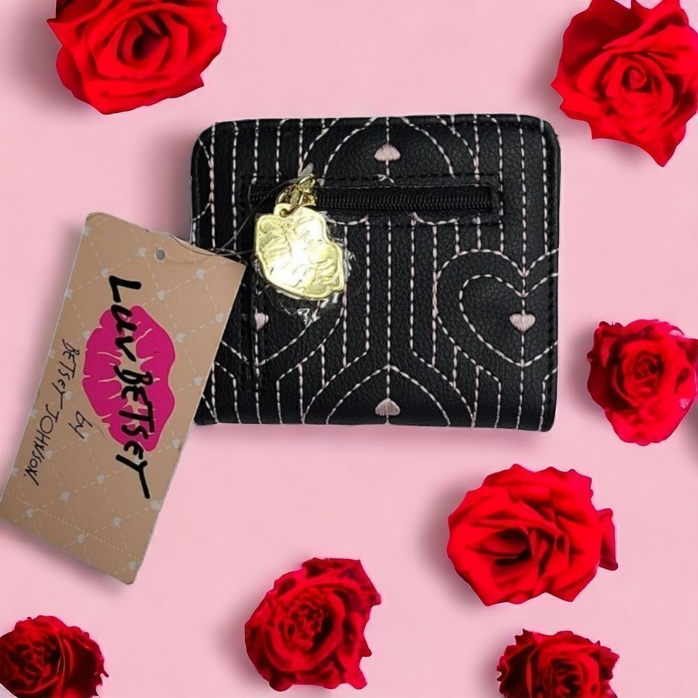 Betsey Johnson Women's Black/Pink Embroidered Heart Wallet Gold Kiss Lip